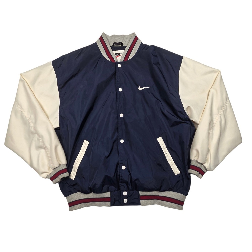 Vintage 90s Nike Varsity Jacket XL Navy Blue White Snap Front Bomber Swoosh 1998